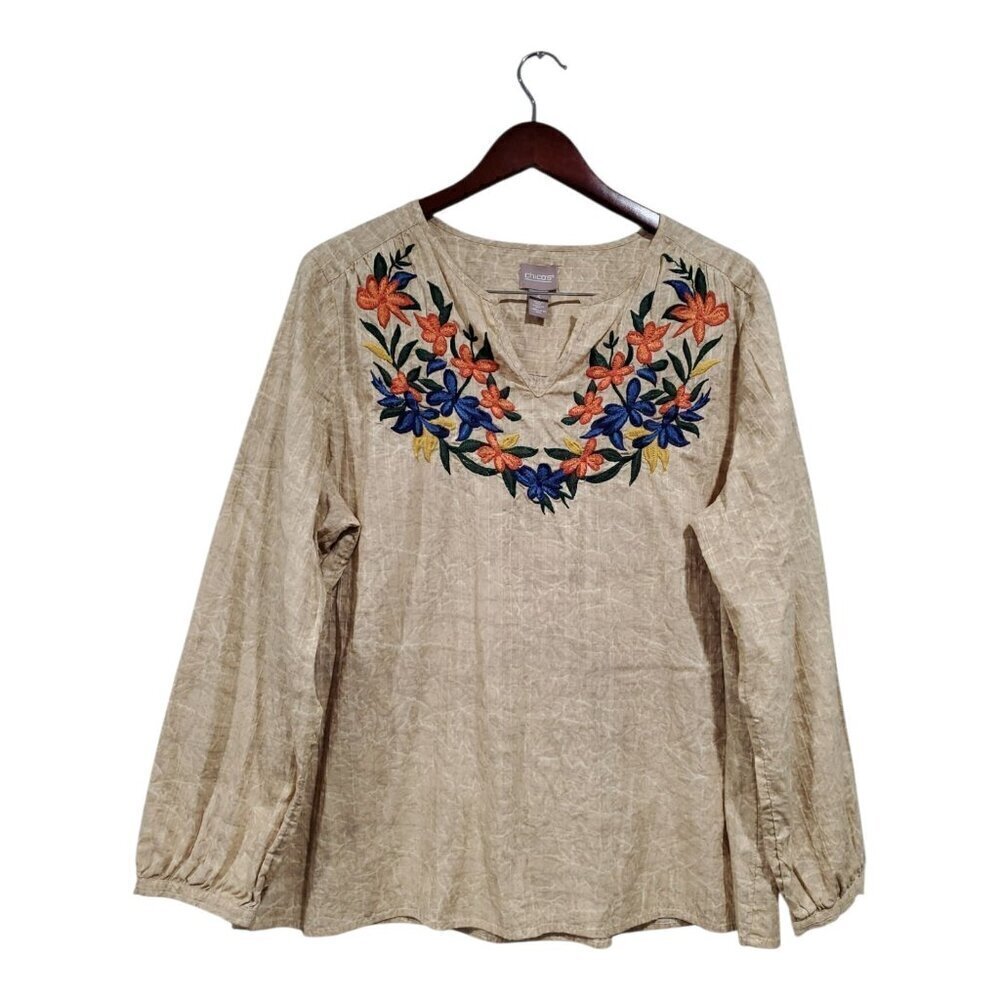 Chico's Tan/Cream Crackle Print Embroidered Floral V-Neck Popover Top Sz 3 XL - Picture 1 of 12